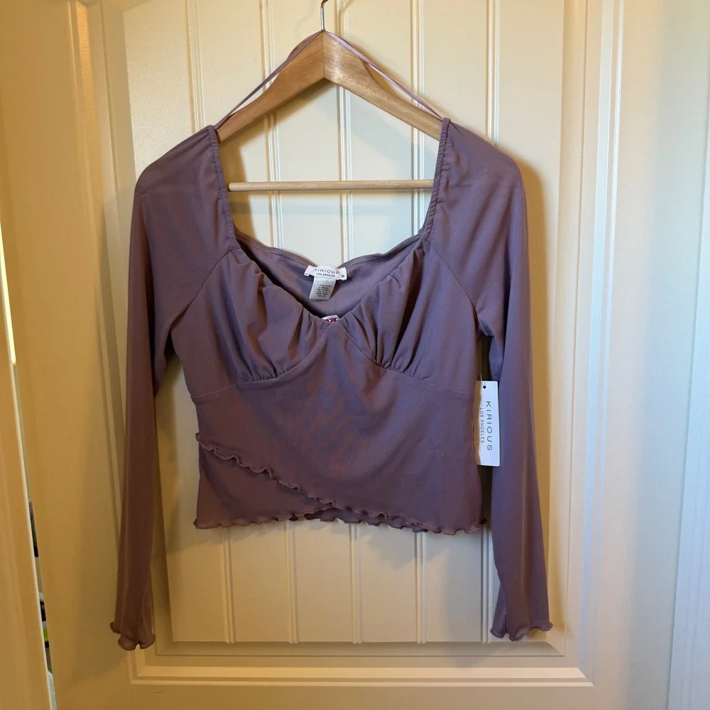 KIRIOUS‎ Los Angeles Purple Ruched Sweetheart Neckline Lettuce Trim Crop Top M